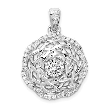 Sterling Silver Rhodium-plated 6mm CZ Center Woven Pendant
