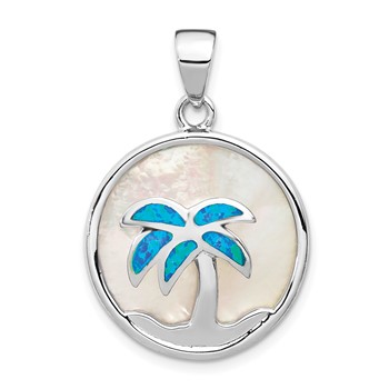 Sterling Silver Rhodium-plated Mother of Pearl and Blue Created Opal Round Palm Tree Pendant