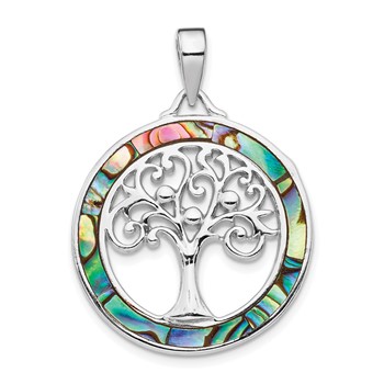 Sterling Silver Rhodium-plated Abalone Circle with Tree of Life Pendant