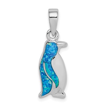 Sterling Silver Rhodium-plated Polished Created Opal Inlay Penguin Pendant