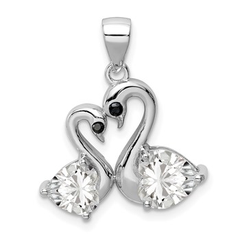 Sterling Silver Rhodium-plated Polished CZ Swan Couple Pendant