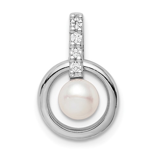 Sterling Silver Rhodium-plated Circle w/CZ (5-6mm) Button FWC Pearl Slide