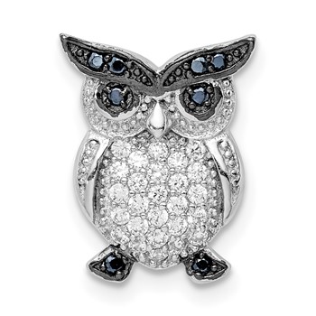 Sterling Silver Rhodium-plated Polished Black and Clear CZ Owl Chain Slide