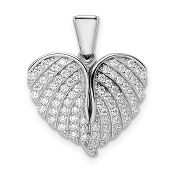 Sterling Silver Polished Rhodium-plated CZ Opening Wings and Heart Pendant