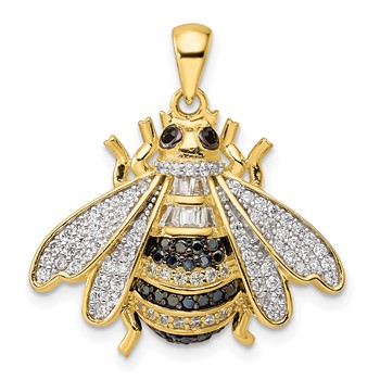 Sterling Silver Blk/White RH-plated Gold-tone CZ Bumblebee Pendant