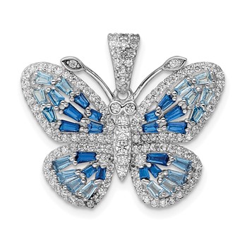 Sterling Silver Rhodium-plated Polished Blue and White CZ Butterfly Pendant