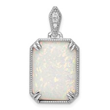 Image of Sterling Silver RH-plated White Created Opal & CZ Beaded Border Pendant