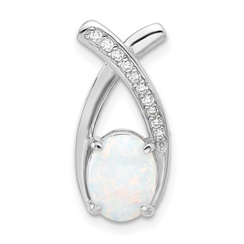 Sterling Silver Rh-plated CZ and White Created Opal Chain Slide Pendant