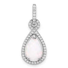 Image of Sterling Silver Rhodium-plated Created Opal and CZ Teardrop Pendant
