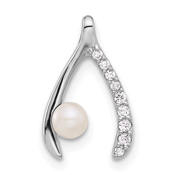 Sterling Silver Rh-plated FWC Pearl/CZ Wishbone Chain Slide Pendant