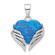 Image of Sterling Silver Rh-plated Blue Created Opal Heart with Wings Pendant