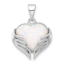 Image of Sterling Silver Rhodium-plated White Created Opal Heart Wings Pendant