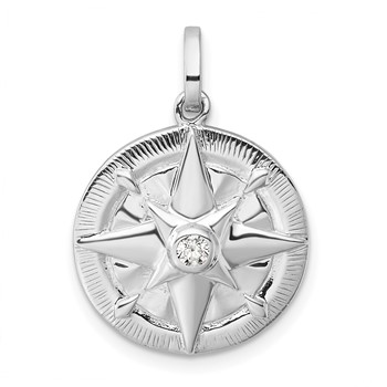 Sterling Silver Rhodium-plated Polished CZ Compass Pendant
