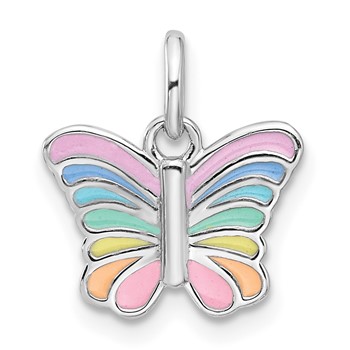 Sterling Silver RH-plated Multi-color Enameled Butterfly Children's Pendant