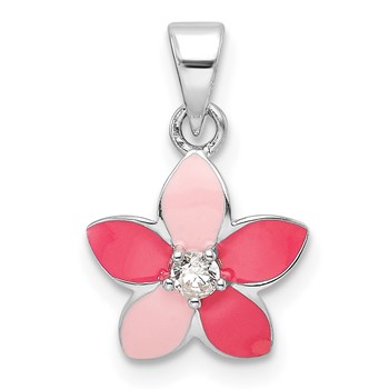 Sterling Silver Rhod-plated Pink Enamel & CZ Flower Children's Pendant