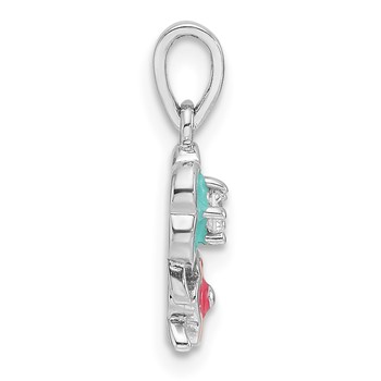 Sterling Silver RH-plated Blue/Pink Enamel & CZ Floral Children's Pendant — alternate view