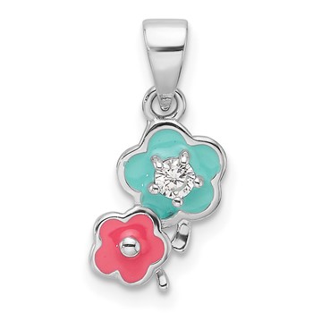Sterling Silver RH-plated Blue/Pink Enamel & CZ Floral Children's Pendant