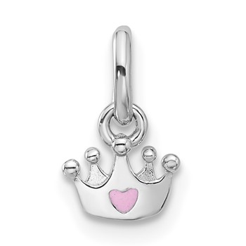 Sterling Silver RH-plated Pink Enameled Heart Crown Children's Pendant