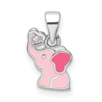 Sterling Silver RH-plated Pink Enamel and CZ Elephant Children's Pendant