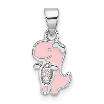 Sterling Silver RH-plated Pink Enamel and CZ Dinosaur Children's Pendant