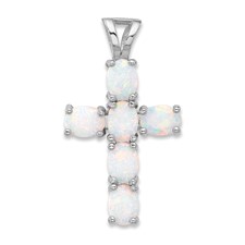 Image of Sterling Silver Flash Platinum-plated Created Opal Cross Pendant