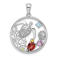Image of Sterling Silver Rhodium-plated Polished Rainbow Multi-Gemstone Sea Turtle Pendant