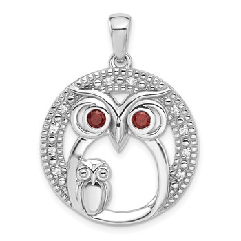 Sterling Silver Rhodium-plated Garnet and CZ Owls Pendant
