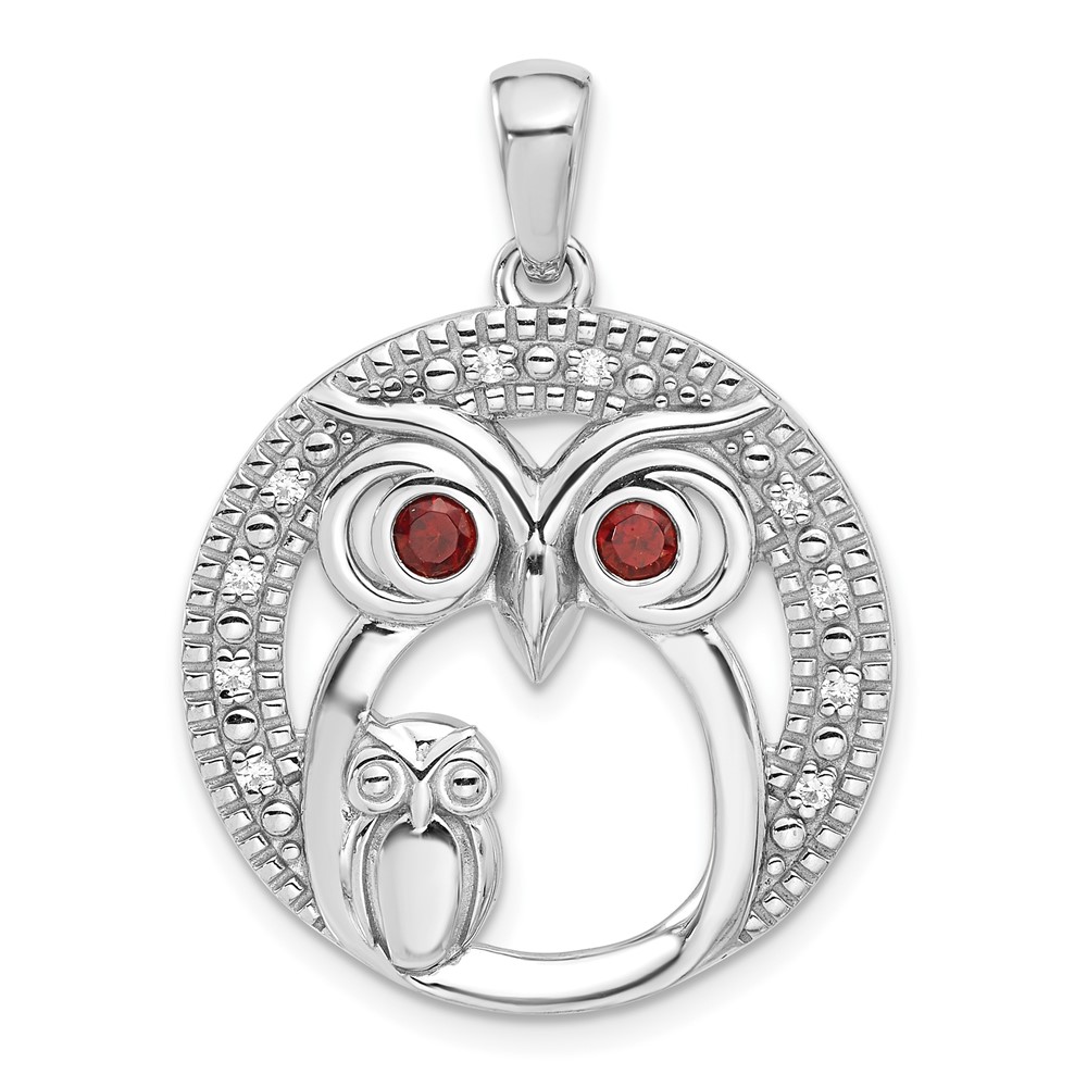 Sterling Silver Rhodium-plated Garnet and CZ Owls Pendant
