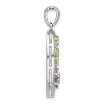 Sterling Silver Rhodium-plated Amethyst and Peridot Flower Pendant — alternate view