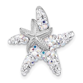 Sterling Silver Rhodium-plated Polished White Crystal Starfish Pendant Chain Slide