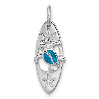 Sterling Silver Rhodium-plated Polished Blue Enamel Turtle Surfboard Pendant