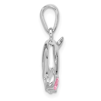 Sterling Silver Rhodium-plated Polished and Antiqued Pink CZ Dolphin Pendant — alternate view