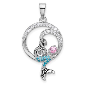 Sterling Silver Rhodium-plated Polished and Antiqued White Pink and Blue CZ Round Mermaid Pendant