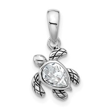Image of Sterling Silver Rhodium-plated Polished and Antiqued Crystal April Birthstone Turtle Pendant