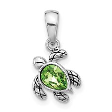Image of Sterling Silver Rhodium-plated Polished and Antiqued Crystal August Birthstone Turtle Pendant