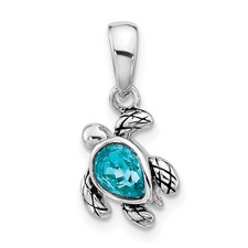 Image of Sterling Silver Rhodium-plated Polished and Antiqued Crystal December Birthstone Turtle Pendant