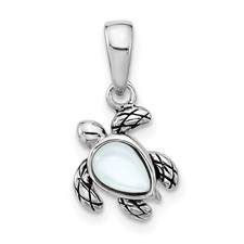 Image of Sterling Silver Rhodium-plated Polished and Antiqued Mother of Pearl June Birthstone Turtle Pendant