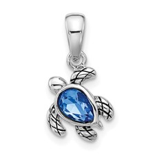 Image of Sterling Silver Rhodium-plated Polished and Antiqued Crystal September Birthstone Turtle Pendant