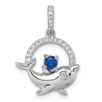 Sterling Silver Rhodium-plated Round Blue and White CZ Dolphin in Circle Pendant