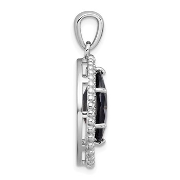 Sterling Silver Rhodium-plated Polished and Beaded Faceted Black Onyx Oval Pendant — alternate view