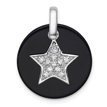 Sterling Silver Rhodium-plated Polished Onyx Circle with CZ Star Dangle Pendant