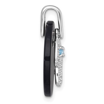 Sterling Silver Rhodium-plated Polished Onyx Circle with Light Swiss Blue Topaz and CZ Hamsa Dangle Pendant — alternate view