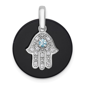 Sterling Silver Rhodium-plated Polished Onyx Circle with Light Swiss Blue Topaz and CZ Hamsa Dangle Pendant