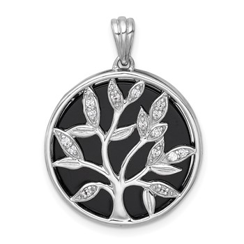 Sterling Silver Rhodium-plated Polished Onyx Circle and CZ Tree of Life Pendant