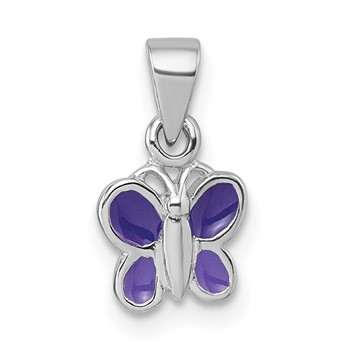 Sterling Silver Rhodium-plated Children's Purple Enamel Butterfly Pendant