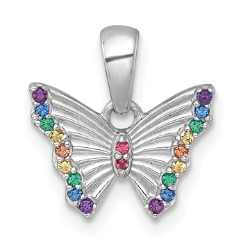Sterling Silver Rhodium-plated Polished Rainbow Nano Crystals Butterfly Childrens Pendant