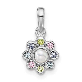 "Sterling Silver Rhodium-plated Polished Green, Pink, Blue and Purple CZ and Freshwater Cultured Pearl Flower Pendant"