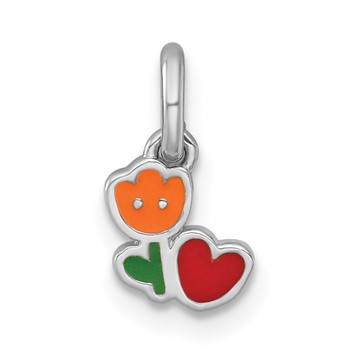 Sterling Silver Rhodium-plated Polished Orange/Red/Green Enamel Flower With Heart Childrens Pendant