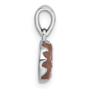Sterling Silver Rhodium-plated Children's Brown with Pink and White Enamel Sprinkled Donut Pendant — alternate view