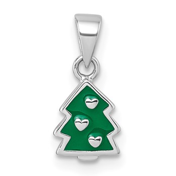 Sterling Silver Rhodium-plated Children's Green Enamel Christmas Tree with Hearts Pendant